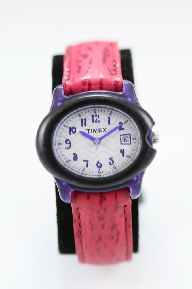 Timex Women Watch Purple Black Plastic Leather Pink Battery Date White Quartz