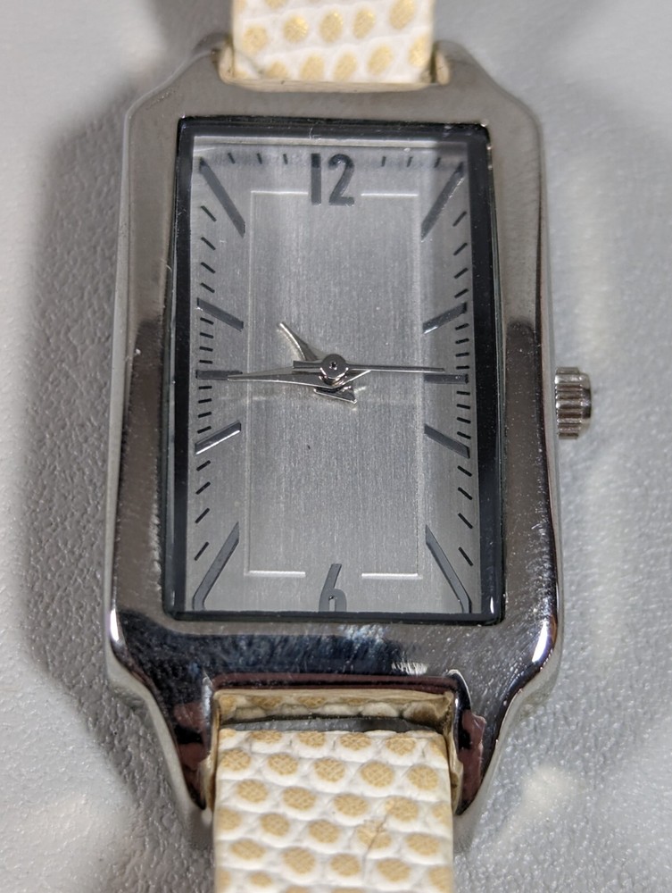 Silver Tone Dial Rectangle Case White Faux Leather Band Watch