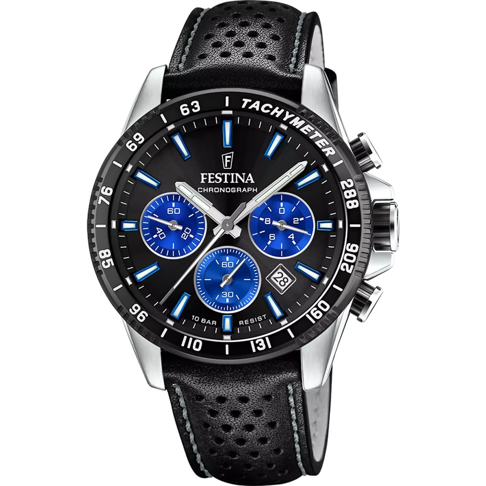 Festina F205616 Men’s Black Leather Straps Chronograph Dial Quartz Watch 45 mm