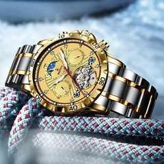 GLENAW Men’s skull automatic mechanical watch high-grade gold dial luminous