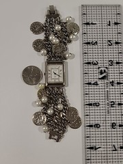 Jalga Charm Bracelet Watch Silver Tone Coins & White Pearls Japan Hong Kong Dial