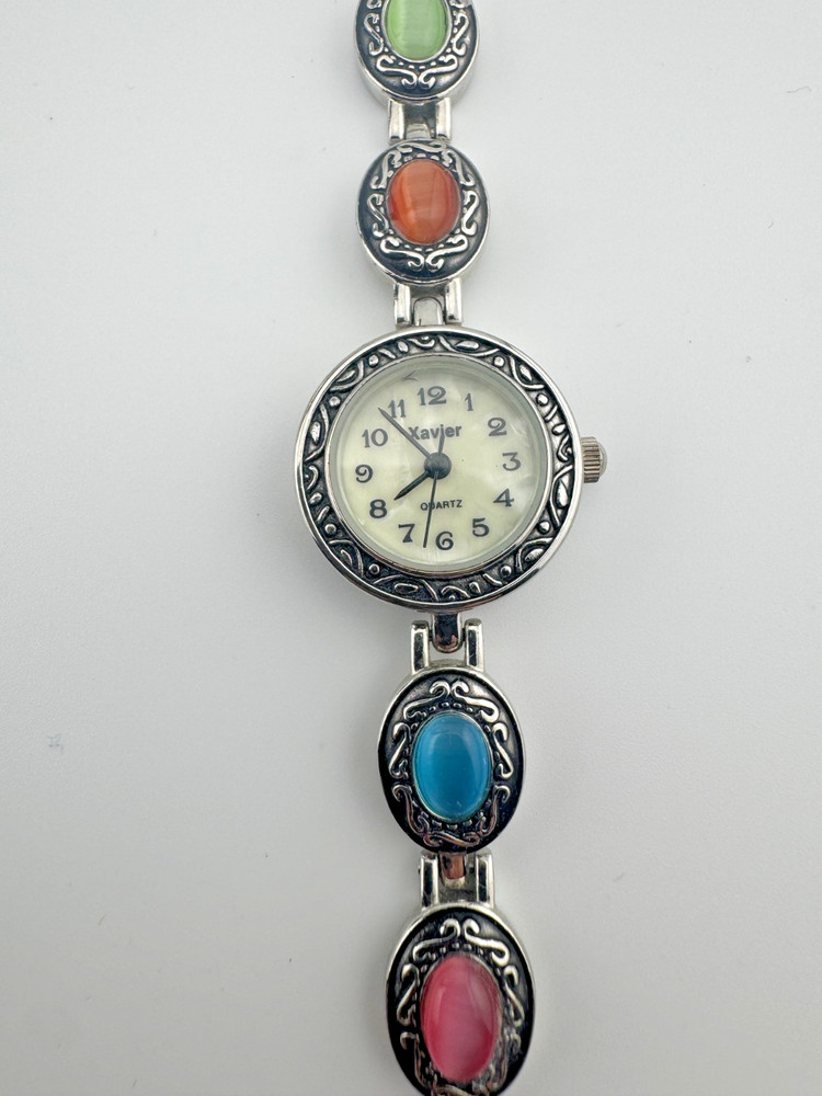 Boho Ladies Bracelet Watch Multi-Color Cabochon Stone Mother of Pearl Dial