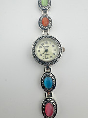 Boho Ladies Bracelet Watch Multi-Color Cabochon Stone Mother of Pearl Dial