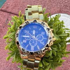 Saigela Gold Chronograph Wristwatch Blue Dial Metal Band Analog Dress/Formal