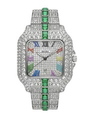 Bibi Luxury Diamond Pattern Square Wristwatch Silver Green Roman Numerals Date