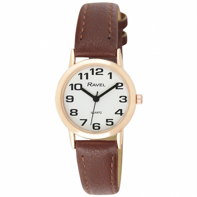 Ravel Ladies Bold Clear Big Numbers Ladies Watch With Rose Gold Case Brown Strap