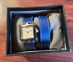 Coldwater Creek Silver Tone Square Blue Leather Double Wrap Watch NWT