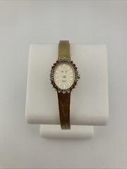 Vtg Deauville Ladies 16mm Watch Gold Tone Dark Red Ruby & Diamond Bezel – RUNS