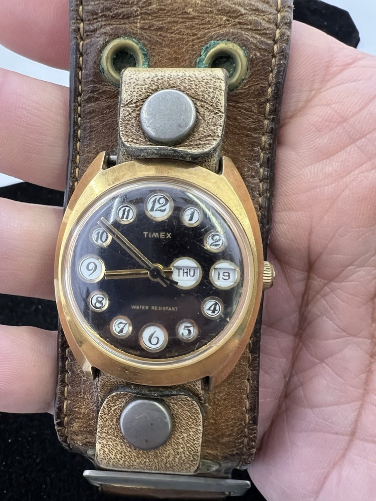 Vtg Timex Telephone Marlin Dial Watch Men 34mm Day Date Manual Wind 1970’s