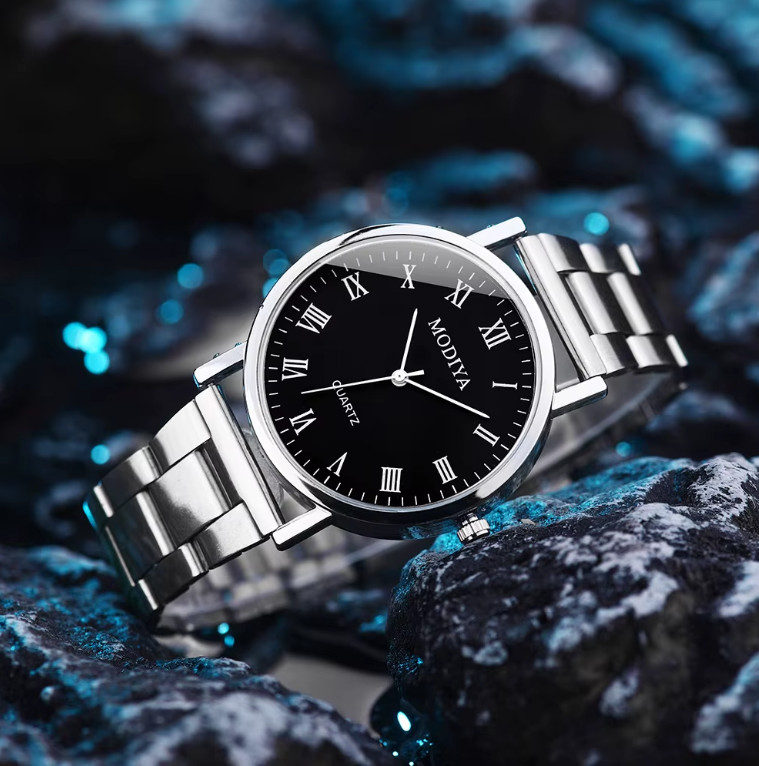 Men’s Silver Quartz Watch Stainless Steel Band Black Roman Numeral Dial
