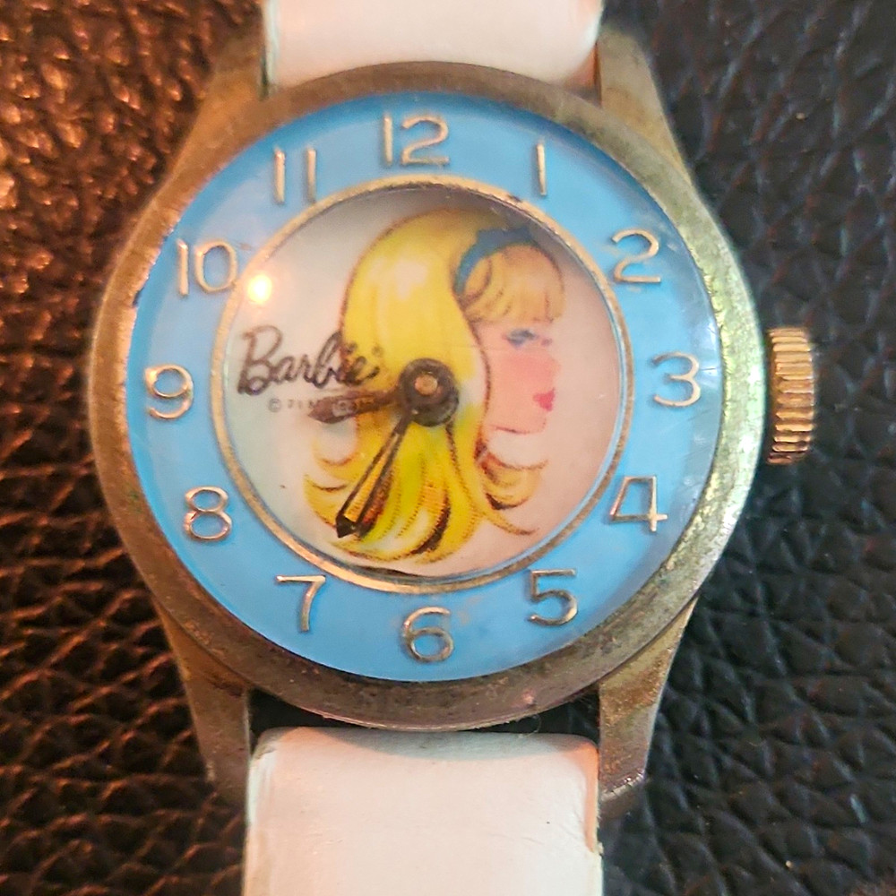 Barbie Swiss Made Quartz Wristwatch Blue Dial White Leather Strap Gold Case