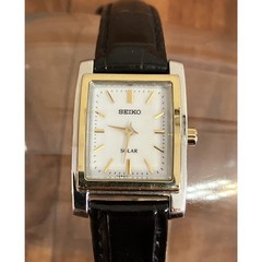 Vintage SEIKO SOLAR Tank Watch V115 Gold Dial Silver Woman’s JAPAN Petite Classy