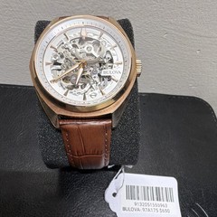Bulova 97A175 Automatic Skeleton Dial Gold Tone Case 41mm Brown Leather 30m