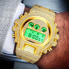 18K Gold IPS Plated LED Digital Hip Hop Bling Ice out Mens Watch Iced Cz Diamond