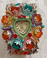 Denacci Cuff Watch Womens 43mm Silver Tone Multicolor Rhinestone Gem Floral