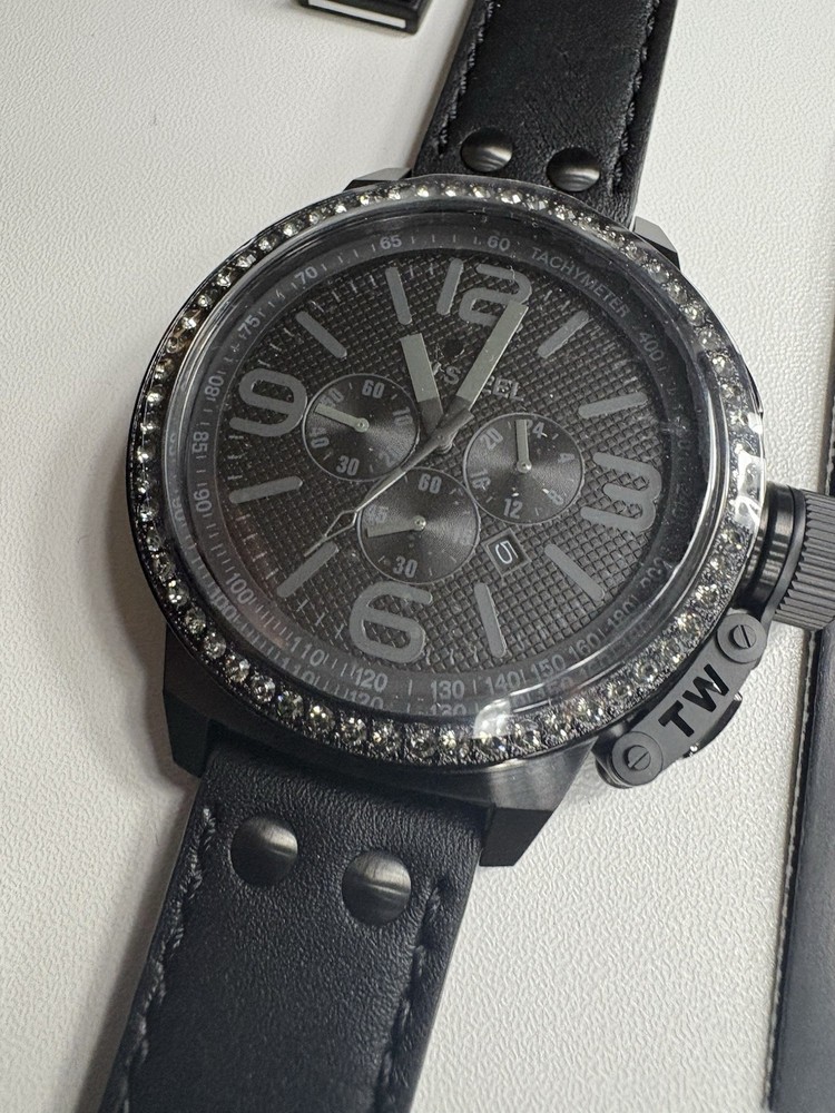TW Steel Canteen Men’s 45mm Triple Black Leather Crystals Quartz Watch TW912