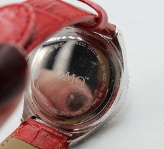 Women’s DMQ Chronograph Watch Red Leather Crystal Accents ~ Good Condition
