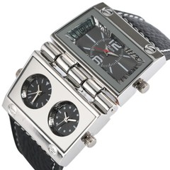 OULM Men’s Dual Display Watches Fold Oversize Dial Leather Watch Steampunk Gifts