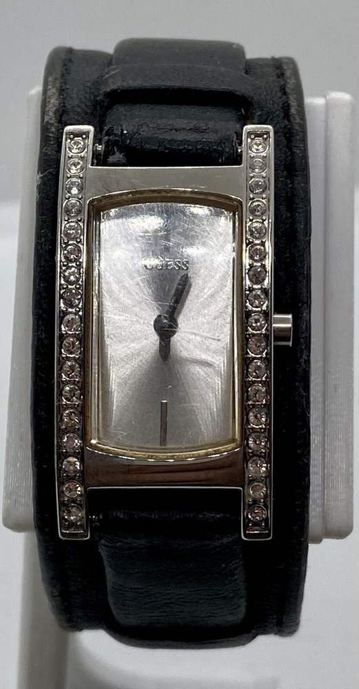 GUESS Ladies Watch New Battery Iced Silver Case Black Leather Rectangular Dial