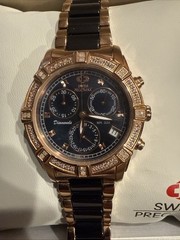 Excellent * Ladies Swiss Precimax Watch Black Gold Color. New Battery & Cleaned