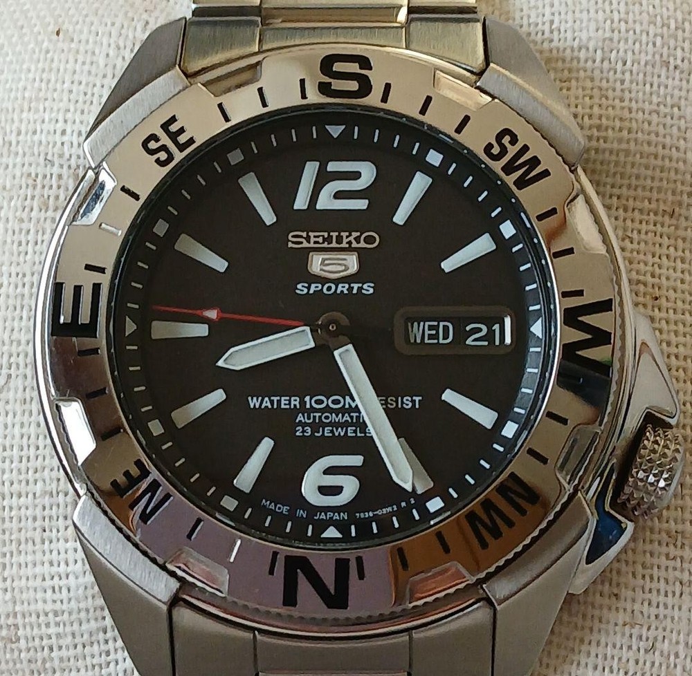 Seiko SRP TS Watch Sports Automatic 100m Black Dial Stainless Steel