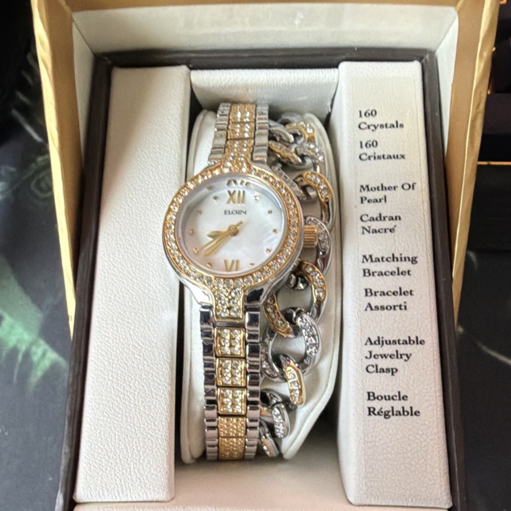 Elgin Women’s Two-Tone Crystal Watch & Matching Bracelet Gift Set Mother of Pear