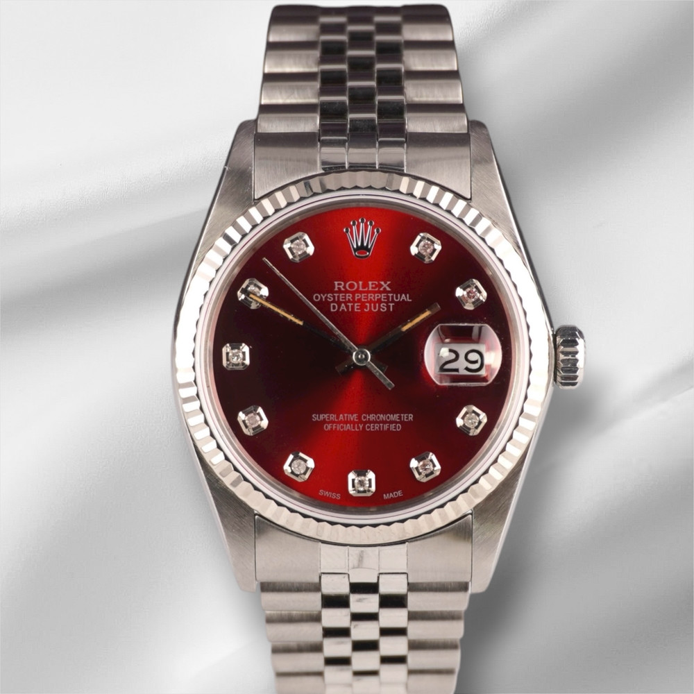 Rolex 36mm Datejust Steel Fluted Red Dial Watch