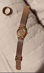 Swatch Women’s Gold Tone Oval Analog Quartz Dress Watch w/matching Ring Bundle