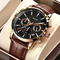 LIGE Men’s Luxury Chronograph Leather Strap Quartz Watch Waterproof Analog Date