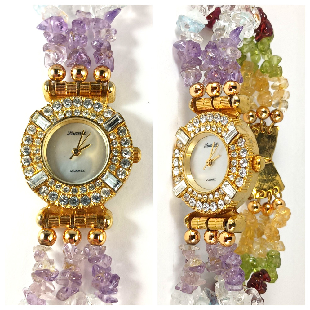 Lucoral Quartz Watch ~ Gemstone Beads Rhinestones MOP Face ~ Needs Battery