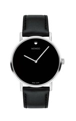 Brand New Movado Signature Men’s Silver Dial Black Leather Strap Watch 0607589