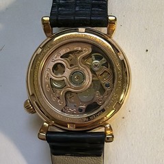 Stührling Automatic Skeleton Dial Gold Tone Steel Case Black Leather Strap