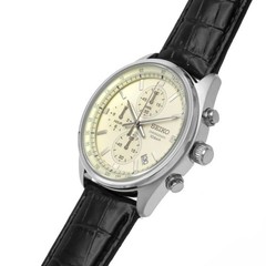 Seiko Chronograph Men’s Champagne Dial Tachymeter Black Leather Watch SSB383