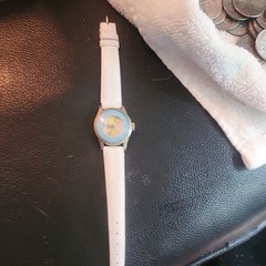 Barbie Swiss Made Quartz Wristwatch Blue Dial White Leather Strap Gold Case