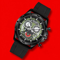 Men’s Sport Chronograph Watch Silicone Band Quartz Black Green Dial Wristwatch