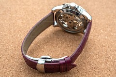 Mens Silver Flywheel Skeleton Automatic Mechanical Watch Purple Leather