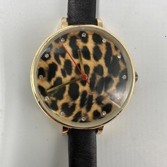 Womens Watch Gold Tone Animal Print Dial Black Vegan Leather Band New Battery