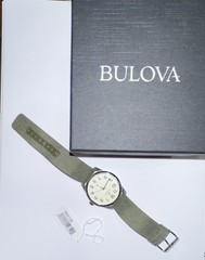 Bulova Men’s Military Quartz Watch Beige Arabic Dial Green Canvas Leather Band