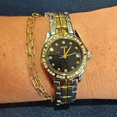 GUESS Women’s Two-Tone Bracelet Watch Quartz Black Dial Date Gem-Set Bezel