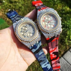 LUXURY HIP HOP ICED CAMOUFLAGE SILICONE BAND SIMULATED DIAMOND BLING WRIST WATCH