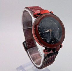 Unbranded Unisex Red Case, Black Dial Diamond Indices Red Magnetic Strap Watch