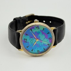 Women’s ID TITANIUM Gold Tone Watch, Multicolor Acid Dial, Black Leather, 32mm