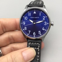 Vince Camuto Mens Watch 42mm Silver Tone Blue Dial Black Faux Leather 3ATM