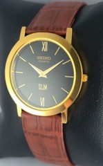 Beautiful Seiko Slim Round Black Dial Quartz Men’s Wristwatch Leather Band