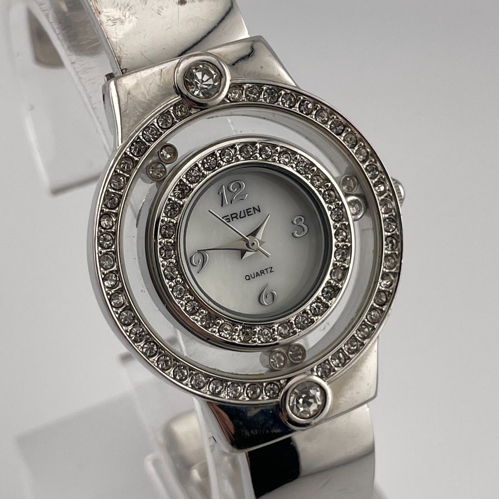 Gruen Womens Watch Pearl Look Dial Dual Gem Set Bezel 31mm Case Bangle Band