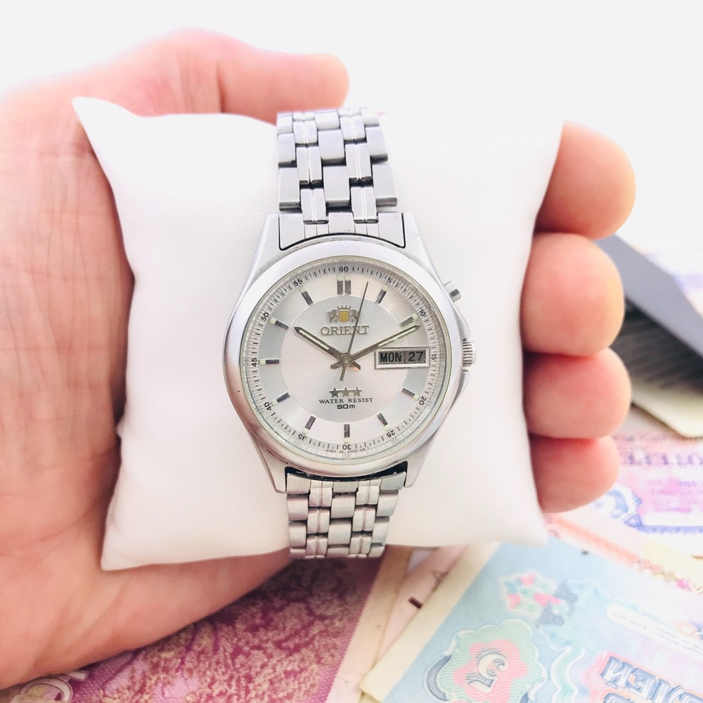 Orient 3 Stars Vintage Watch Automatic 21J Grey Dial Day Date Japan Service