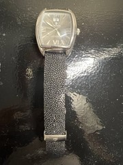 Croton Quartz Tonneau Wristwatch Black Dial Date 5 ATM Silver Steel Leather