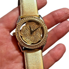 Victoria Wieck Gold Rhinestone Crystal Encrusted Flower Watch Leather Band