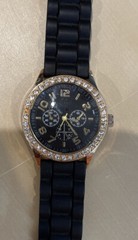 Darice Watch Mens Gem Set Gold Tone Bezel Black Rubber Band New Battery