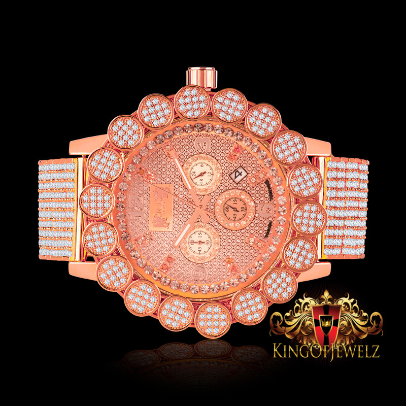 Rose Gold Tone Finish Custom Flower Bezel Band Watch Real Diamond Dial Khronos